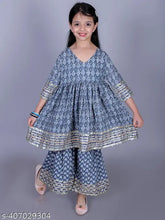 Grey cotton hand block print Anarkali/Flared Kurta & Sharara Set for girls, featuring intricate embellishments and traditional Indian prints. Perfect for special occasions or festive celebrations in sizes 2-14 years